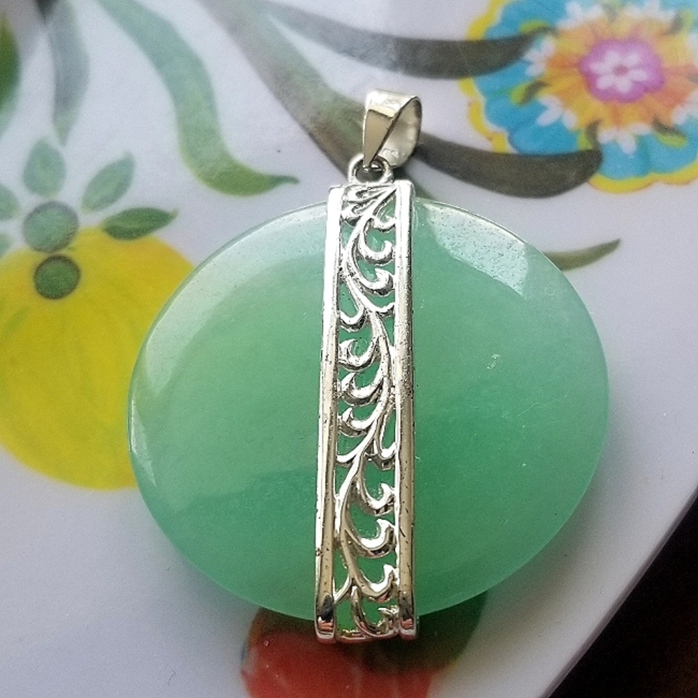 Sterling Silver And Jade Large Round Pendant Vintage